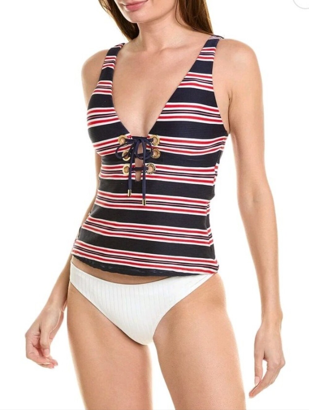 NWT La Blanca Sailor Stripe Lace-Up Ribbed Tankini Top Size 6